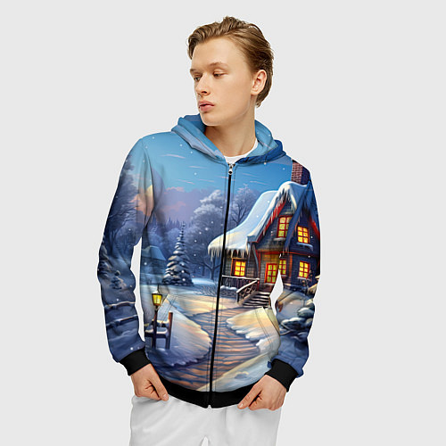 Мужская толстовка на молнии Новый год зимний фон / 3D-Черный – фото 3