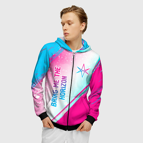 Мужская толстовка на молнии Bring Me the Horizon neon gradient style вертикаль / 3D-Черный – фото 3