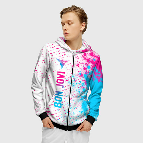 Мужская толстовка на молнии Bon Jovi neon gradient style по-вертикали / 3D-Черный – фото 3