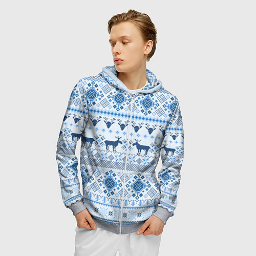 Мужская толстовка на молнии Blue sweater with reindeer / 3D-Меланж – фото 3
