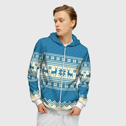 Мужская толстовка на молнии Sweater with deer on a blue background / 3D-Белый – фото 3