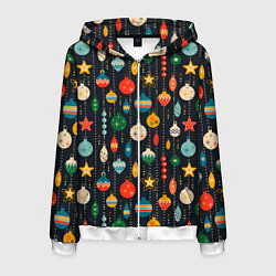 Толстовка 3D на молнии мужская Новогодние ёлочные игрушки на черном фоне, цвет: 3D-белый