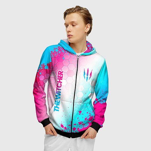 Мужская толстовка на молнии The Witcher neon gradient style вертикально / 3D-Черный – фото 3