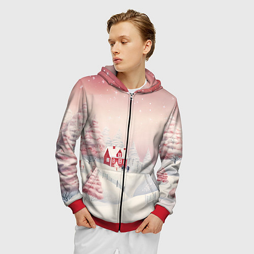 Мужская толстовка на молнии Снежное сияние ночи / 3D-Красный – фото 3