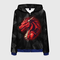 Толстовка 3D на молнии мужская Красный дракон на полигональном черном фоне, цвет: 3D-синий