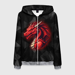 Толстовка 3D на молнии мужская Красный дракон на полигональном черном фоне, цвет: 3D-меланж