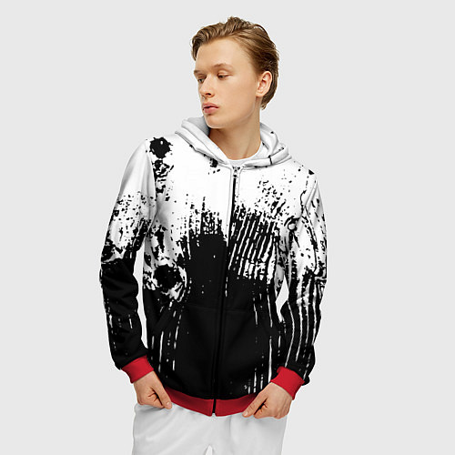 Мужская толстовка на молнии Черно-белая абстракция гранж / 3D-Красный – фото 3