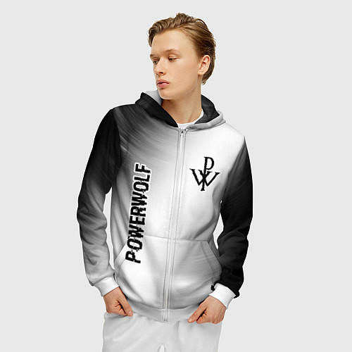 Мужская толстовка на молнии Powerwolf glitch на светлом фоне вертикально / 3D-Белый – фото 3