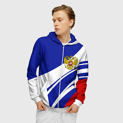 Мужская толстовка на молнии Герб России на абстрактных полосах / 3D-Белый – фото 3