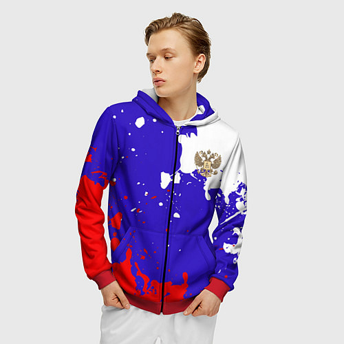 Мужская толстовка на молнии Российский герб на триколоре / 3D-Красный – фото 3