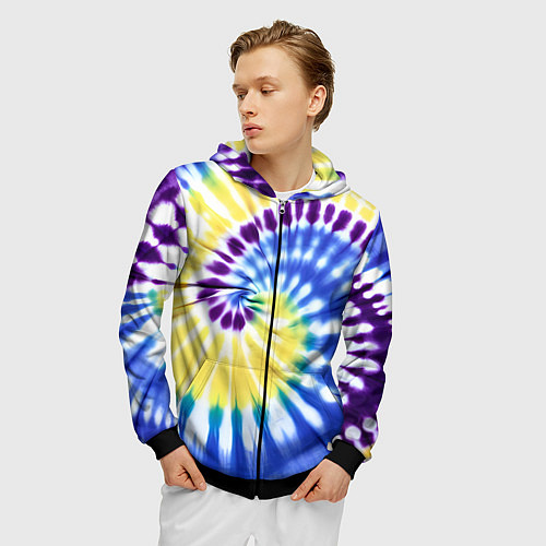 Мужская толстовка на молнии Тай дай наутилус в сиреневом, голубом и желтом цве / 3D-Черный – фото 3