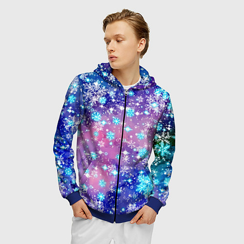 Мужская толстовка на молнии Снежинки - морозный паттерн / 3D-Синий – фото 3