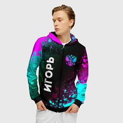 Толстовка 3D на молнии мужская Игорь и неоновый герб России вертикально, цвет: 3D-черный — фото 2