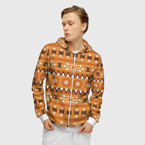 Мужская толстовка на молнии Brown tribal geometric / 3D-Белый – фото 3