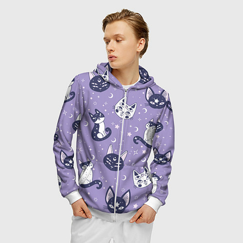 Мужская толстовка на молнии Мистические кошечки - паттерн фиолетовый / 3D-Белый – фото 3