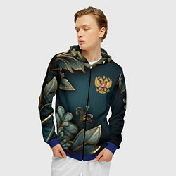 Толстовка 3D на молнии мужская Золотые листья и герб России, цвет: 3D-синий — фото 2
