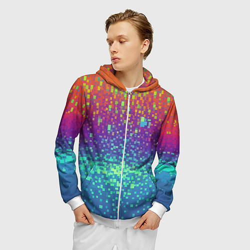 Мужская толстовка на молнии Разноцветные пиксели / 3D-Белый – фото 3