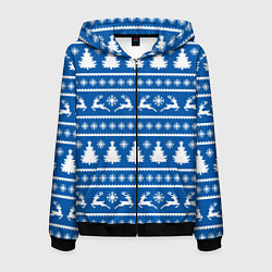 Толстовка 3D на молнии мужская Синий свитер с новогодними оленями, цвет: 3D-черный