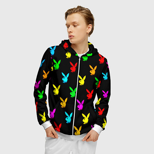 Мужская толстовка на молнии Playboy pattern неон / 3D-Белый – фото 3