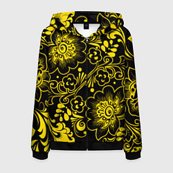 Толстовка 3D на молнии мужская Хохломская роспись золотые цветы на чёроном фоне, цвет: 3D-черный