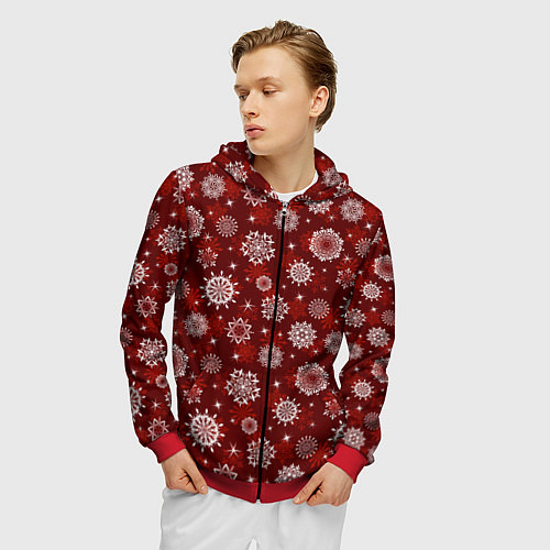 Мужская толстовка на молнии Snowflakes on a red background / 3D-Красный – фото 3