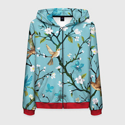 Толстовка 3D на молнии мужская Колибри ветка цветущего сада, цвет: 3D-красный