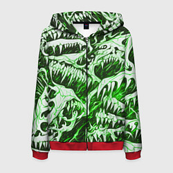 Толстовка 3D на молнии мужская Белые клыки на зелёном фоне, цвет: 3D-красный