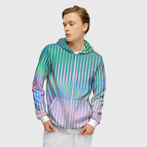 Мужская толстовка на молнии Голографический эффект светлых тонов полос / 3D-Белый – фото 3