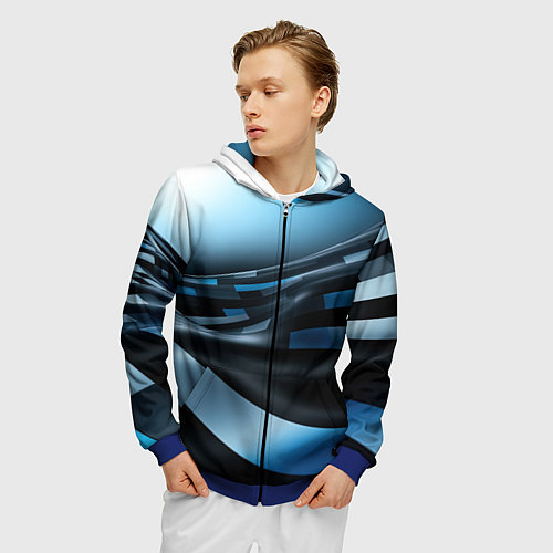Мужская толстовка на молнии Черно-синий абстрактный спортивный стиль / 3D-Синий – фото 3
