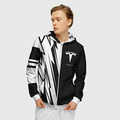 Мужская толстовка на молнии Tesla - carbon texture / 3D-Белый – фото 3