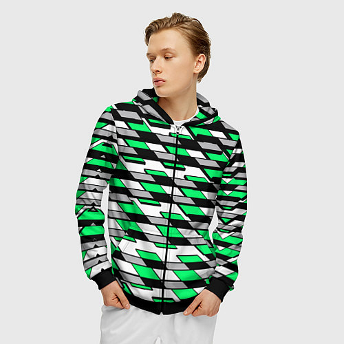 Мужская толстовка на молнии Зелёные четырёхугольники на белом фоне / 3D-Черный – фото 3