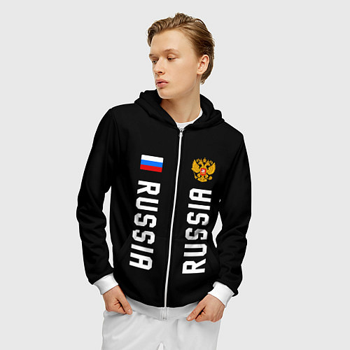 Мужская толстовка на молнии Россия три полоски на черном фоне / 3D-Белый – фото 3