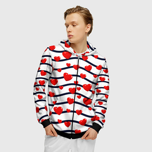 Мужская толстовка на молнии Сердца на линиях / 3D-Черный – фото 3