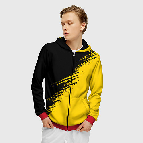 Мужская толстовка на молнии Черные штрихи на желтом фоне / 3D-Красный – фото 3