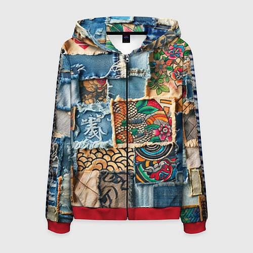 Мужская толстовка на молнии Японские мотивы на дениме / 3D-Красный – фото 1