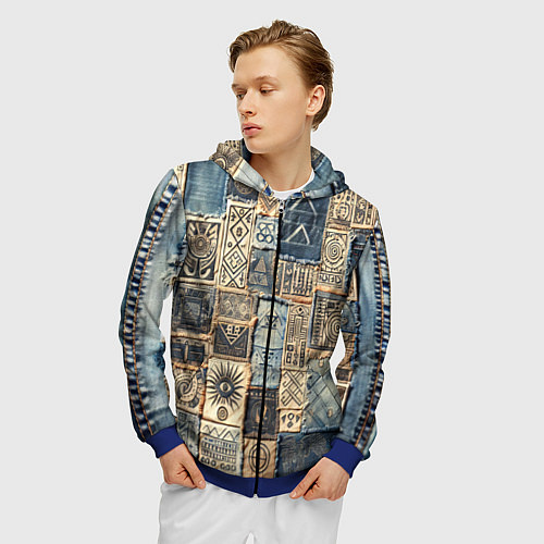 Мужская толстовка на молнии Татуировки племени майя пэчворк / 3D-Синий – фото 3