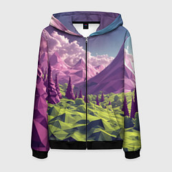 Толстовка 3D на молнии мужская Геометрический зеленый пейзаж и фиолетовые горы, цвет: 3D-черный