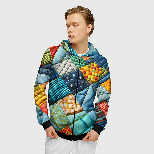 Мужская толстовка на молнии Лоскутное одеяло - пэчворк / 3D-Черный – фото 3