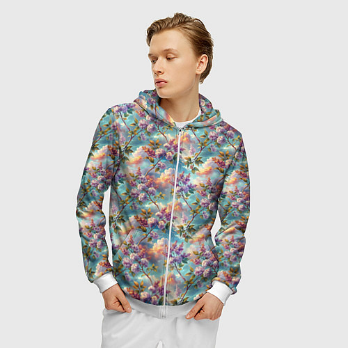 Мужская толстовка на молнии Объемная сирень паттерн / 3D-Белый – фото 3