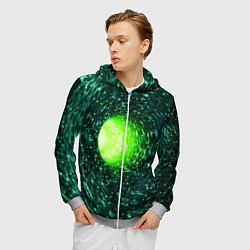 Толстовка 3D на молнии мужская Червоточина - зеленый водоворот со свечением, цвет: 3D-меланж — фото 2
