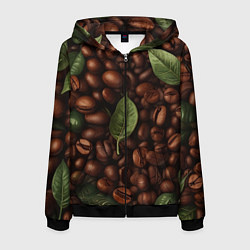 Толстовка 3D на молнии мужская Кофейные зёрна с листьями, цвет: 3D-черный