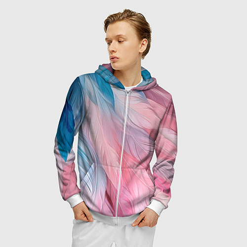 Мужская толстовка на молнии Пастельно-голубые и розовые перья / 3D-Белый – фото 3
