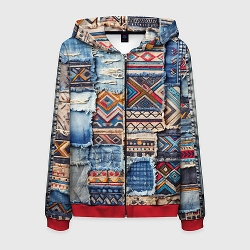 Мужская толстовка на молнии Пэчворк узоры индейцев / 3D-Красный – фото 1