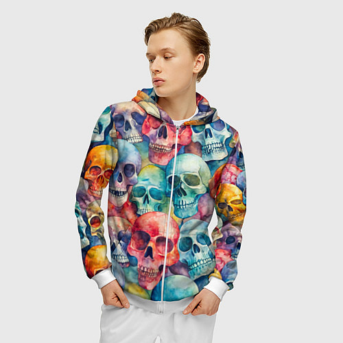 Мужская толстовка на молнии Красочный узор с черепами / 3D-Белый – фото 3