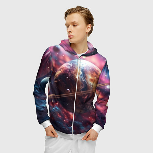 Мужская толстовка на молнии Объемный космос и планеты / 3D-Белый – фото 3