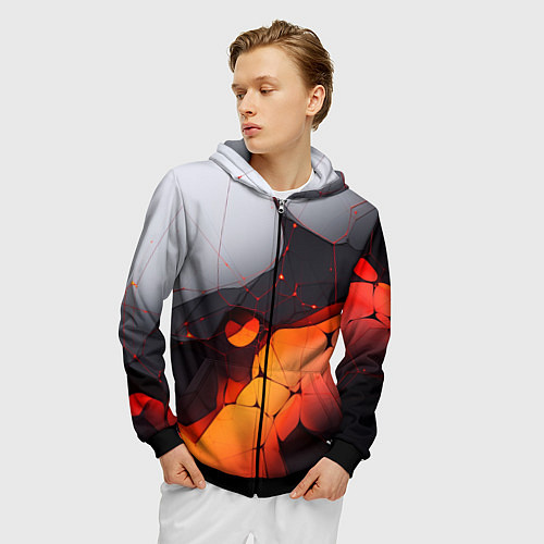 Мужская толстовка на молнии Объемная плита с красной лавой иллюстрация / 3D-Черный – фото 3