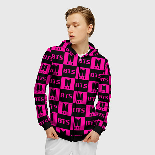 Мужская толстовка на молнии BTS pattern pink logo / 3D-Черный – фото 3