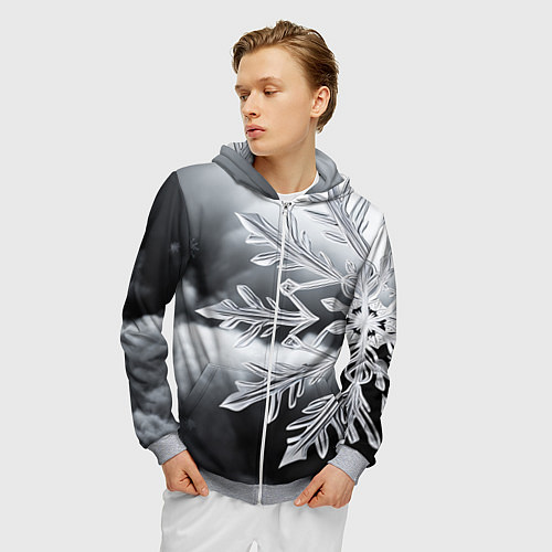 Мужская толстовка на молнии Чено-белая снежинка / 3D-Меланж – фото 3