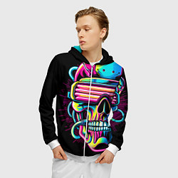 Толстовка 3D на молнии мужская Cyber skull - ai art neon, цвет: 3D-белый — фото 2