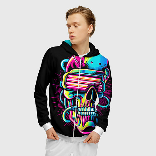 Мужская толстовка на молнии Cyber skull - ai art neon / 3D-Белый – фото 3
